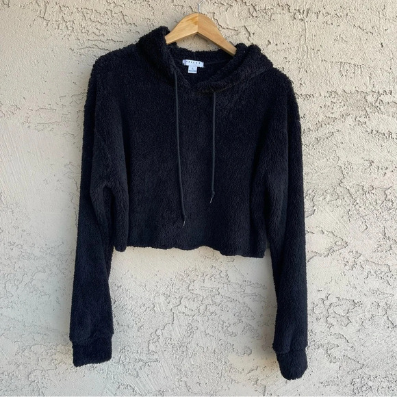 FAVLUX Tops - Favlux Black Fuzzy Teddy Pullover Cropped Hoodie Sweatshirt Women's Size Large